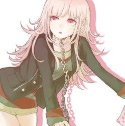 Rule 34 | 1girl, alternate costume, alternate hairstyle, bent over, black jacket, breasts, chain, chained, collar, collarbone, commentary request, danganronpa (series), danganronpa 2: goodbye despair, dress, flipped hair, hair ornament, hairclip, jacket, komaeda nagito, long hair, looking to the side, multicolored clothes, multicolored dress, nanami chiaki, open clothes, open jacket, open mouth, pink eyes, pink hair, shadow, simple background, small breasts, solo, white background, xsinon