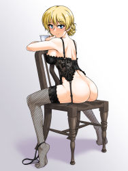Rule 34 | 1girl, ass, black corset, black panties, black thighhighs, blonde hair, blue eyes, blush, braid, breasts, closed mouth, commission, corset, cup, darjeeling (girls und panzer), fishnet panties, fishnet thighhighs, fishnets, french braid, full body, garter belt, garter straps, girls und panzer, large breasts, lingerie, looking at viewer, nipples, oosaka kanagawa, panties, panties around leg, pixiv commission, shoulder blades, simple background, smile, solo, teacup, thighhighs, underwear