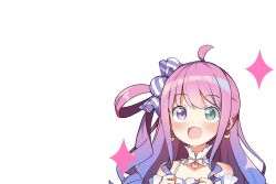 Rule 34 | 1girl, :d, ahoge, blush, candy hair ornament, clenched hands, detached collar, dress, food-themed hair ornament, frilled dress, frills, gradient hair, green eyes, hair ornament, heterochromia, highres, himemori luna, himemori luna (1st costume), hololive, long hair, multicolored hair, off-shoulder dress, off shoulder, one side up, open mouth, pink hair, purple eyes, purple hair, seigan subaru, single hair ring, smile, solo, virtual youtuber, wavy hair