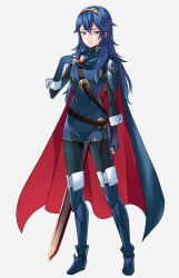 Rule 34 | 1girl, ameno (a meno0), armor, armored boots, belt, blue eyes, blue footwear, blue gloves, blue hair, blue sweater, boots, brown belt, cape, closed mouth, falchion (fire emblem), fingerless gloves, fire emblem, fire emblem awakening, full body, gloves, hand on own chest, highres, lips, long hair, long sleeves, looking at viewer, lucina (fire emblem), nintendo, pink lips, red cape, ribbed sweater, shoulder armor, simple background, smile, solo, sweater, sword, tiara, turtleneck, turtleneck sweater, two-tone cape, weapon, white background