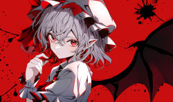 Rule 34 | 1girl, absurdres, ascot, bat wings, closed mouth, commentary request, eyelashes, gem, grey hair, hair between eyes, hand up, hat, highres, lips, looking at viewer, mob cap, pointy ears, red ascot, red background, red eyes, red gemstone, remilia scarlet, shirt, short hair, short sleeves, simple background, solo, touhou, tsurime, upper body, white hat, white shirt, white wrist cuffs, wings, wrist cuffs, yamanakaume