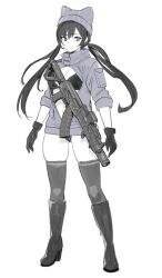 Rule 34 | 1girl, bikini, black bikini, black footwear, black gloves, boots, breasts, cleavage, commentary, english commentary, full body, gloves, grey jacket, grey thighhighs, gun, hat, high heel boots, high heels, jacket, knee boots, kuso otoko, long hair, looking at viewer, low twintails, medium breasts, open clothes, open jacket, original, pale skin, partially unzipped, red eyes, simple background, solo, standing, swimsuit, thighhighs, twintails, weapon, white background