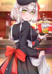 Rule 34 | 1girl, apron, apron lift, bird, blunt bangs, bow, breasts, bucket, burger, cabbie hat, chicken, clothes lift, diluc (genshin impact), drink, employee uniform, fast food uniform, food, genshin impact, green eyes, grey hair, hat, kfc, large breasts, lifted by self, looking at viewer, minxei, noelle (genshin impact), noelle (kfc) (genshin impact), red bow, restaurant, short hair, smile, solo, tray, uniform