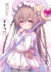 Rule 34 | 1girl, bow, braid, brown hair, closed mouth, commentary request, cowboy shot, crescent, detached sleeves, dress, grey pantyhose, hair between eyes, hands up, hat, hat bow, heart, heart-shaped pupils, highres, holding, holding staff, juliet sleeves, long hair, long sleeves, looking at viewer, orb, original, pantyhose, pleated dress, puffy sleeves, purple hat, red eyes, simple background, sleeves past wrists, solo, staff, standing, symbol-shaped pupils, translation request, twin braids, usashiro mani, very long hair, white background, white dress, white sleeves, yellow bow