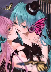 Rule 34 | 2girls, absurdres, black bow, black dress, black gloves, black headwear, blue eyes, blue hair, blue nails, bossan 3310, bow, breasts, bug, butterfly, cleavage, collarbone, downblouse, dress, fingerless gloves, gloves, hair between eyes, hat, hatsune miku, headphones, highres, insect, long hair, magnet (vocaloid), medium breasts, megurine luka, mini hat, multiple girls, nail polish, open mouth, pink hair, pink nails, sleeveless, sleeveless dress, strapless, strapless dress, twintails, upper body, very long hair, vocaloid, yuri