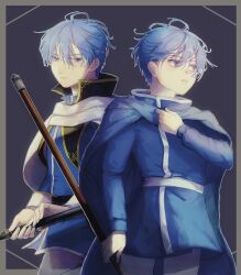 Rule 34 | 2boys, blue cape, blue eyes, blue hair, blue shirt, border, brown border, cape, closed mouth, commentary request, finn (fire emblem), fire emblem, fire emblem: genealogy of the holy war, hair between eyes, high collar, highres, himmel (sousou no frieren), holding, holding weapon, kabos (kabos000kbs), look-alike, male focus, multiple boys, nintendo, pants, parted lips, purple background, shirt, short hair, sousou no frieren, standing, weapon, white cape, white pants