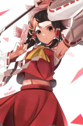 Rule 34 | 1girl, arm up, armpits, ascot, bangs pinned back, bare shoulders, between fingers, black hair, bow, brown eyes, daweykun, detached sleeves, forehead, gohei, hair bow, hair tubes, hair up, hakurei reimu, highres, holding, japanese clothes, long hair, midriff, navel, nontraditional miko, ofuda, ofuda between fingers, red bow, red skirt, ribbon-trimmed sleeves, ribbon trim, sarashi, sidelocks, skirt, solo, stomach, touhou, white background, white sleeves, wide sleeves, yellow ascot