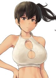 Rule 34 | 1girl, blush, bra, breasts, brown eyes, brown hair, cleavage cutout, closed mouth, clothing cutout, collarbone, hair between eyes, hand on own hip, highres, kaga (kancolle), kantai collection, large breasts, long hair, side ponytail, simple background, solo, underwear, upper body, wa (genryusui), white background, white bra