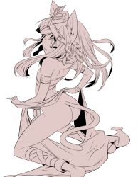 Rule 34 | animal ears, ass, bandeau, bastet (p&amp;d), bottomless, cat ears, cat tail, earrings, flat chest, headband, jewelry, kneeling, long hair, lots of jewelry, monochrome, niwacho, puzzle &amp; dragons, solo, tail
