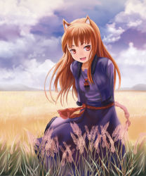 Rule 34 | 00s, 1girl, animal ears, arms behind back, breasts, brown hair, cloud, day, face, fang, field, holo, lasterk, long hair, medium breasts, open mouth, outdoors, red eyes, sky, solo, spice and wolf, standing, wheat, wolf ears