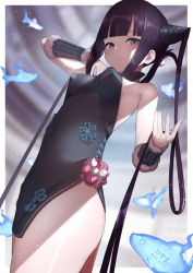 Rule 34 | 1girl, bare shoulders, black dress, blue eyes, blue fire, blunt bangs, blush, breasts, china dress, chinese clothes, closed mouth, detached sleeves, dress, fate/grand order, fate (series), fire, fish, hair ornament, hand on own chest, hand up, highres, long hair, looking at viewer, medium breasts, oz ma33, purple hair, side slit, sidelocks, smile, solo, thighs, twintails, very long hair, yang guifei (fate), yang guifei (second ascension) (fate)