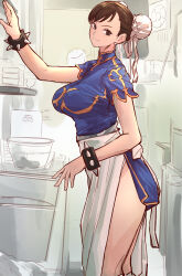 Rule 34 | 1girl, aosora2823, apron, bracelet, capcom, china dress, chinese clothes, chun-li, clock, double bun, dress, earrings, hair bun, highres, jewelry, kitchen, kuramochi yuka, looking at viewer, pantyhose, photo-referenced, spiked bracelet, spikes, street fighter, unworn pantyhose, wall clock