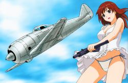 Rule 34 | 1girl, absurdres, agent aika, aika (series), aircraft, airplane, airplane wing, alternate eye color, artbook, black delmo, blue eyes, blush, bow, breasts, casual, cleavage, cloud, cloudy sky, collarbone, covered erect nipples, crotch seam, dress, embarrassed, floating hair, frilled dress, frilled panties, frills, groin, gun, highres, holding, holding gun, holding weapon, lingerie, long hair, medium breasts, naomi (agent aika), open mouth, panties, pantyshot, red hair, side-tie panties, sky, sleeveless, sleeveless dress, solo, standing, underwear, vehicle focus, weapon, white dress, white panties, wind, wind lift, yamauchi noriyasu