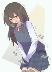 Rule 34 | 1girl, between legs, black thighhighs, blue skirt, blue vest, blush, bowtie, breath, bright pupils, brown hair, collared shirt, cowboy shot, embarrassed, female focus, flat chest, half-closed eyes, hand between legs, have to pee, heavy breathing, japanese text, leaning forward, long hair, long sleeves, miniskirt, nose blush, open mouth, original, own hands together, plaid, plaid skirt, pleated skirt, raised eyebrows, red bow, red bowtie, red eyes, school uniform, shirt, sidelocks, skirt, solo, standing, sweat, sweater vest, tears, thighhighs, translation request, trembling, urine meter, vest, watakarashi, white pupils, white shirt, zettai ryouiki