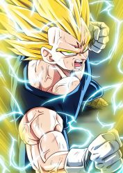 Rule 34 | 1boy, absurdres, aura, clenched hands, dragon ball, dragonball z, electricity, facial mark, fighting stance, forehead mark, from above, gloves, highres, kamishima kanon, majin vegeta, male focus, muscular, open mouth, solo, super saiyan, super saiyan 2, vegeta, veins, white gloves