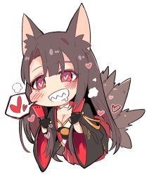 Rule 34 | 1girl, akagi (azur lane), animal ears, azur lane, blush, breasts, brown hair, chibi, cleavage, commentary request, drooling, fox ears, fox tail, grin, heart, heart-shaped pupils, highres, long sleeves, medium breasts, obi, red eyes, sash, sharp teeth, simple background, smile, solo, spoken heart, symbol-shaped pupils, tail, teeth, tuxedo de cat, white background, wide sleeves