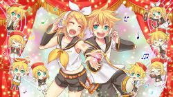 Rule 34 | 1boy, 1girl, ^ ^, aqua eyes, beamed quavers, blonde hair, bow, brother and sister, chibi, closed eyes, curtains, cymbals, drum, flute, hair bow, hair ornament, hairclip, harmonica, headset, highres, instrument, kagamine len, kagamine rin, maracas, musical note, open mouth, quaver, sailor collar, setora, short shorts, shorts, siblings, smile, tambourine, trumpet, vocaloid
