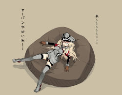 Rule 34 | 10s, 1girl, bean bag chair, bismarck (kancolle), blonde hair, blue eyes, blush, breasts, brown background, couch, hat, iwasaki takashi, kantai collection, long hair, military, military hat, military uniform, peaked cap, solo, thighhighs, translation request, uniform