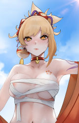Rule 34 | 1girl, absurdres, bare shoulders, blonde hair, blue sky, breasts, chest tattoo, choker, cleavage, cloud, earrings, eyeliner, flower tattoo, genshin impact, hair ornament, highres, japanese clothes, jewelry, kimono, large breasts, looking at viewer, navel, noir (4chan), orange eyeliner, orange kimono, red choker, sarashi, shoulder tattoo, sky, sweat, tattoo, yellow eyes, yoimiya (genshin impact)