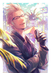 Rule 34 | 1boy, black gloves, black shirt, blurry, blurry foreground, border, brown hair, can, character name, closed eyes, collared shirt, crossed arms, final fantasy, final fantasy xv, glasses, gloves, grey jacket, hair slicked back, happy birthday, highres, holding, holding can, ignis scientia, jacket, koro mma, long sleeves, male focus, open mouth, palm tree, shirt, short hair, sideburns, smile, solo, suit jacket, tree, upper body, white border