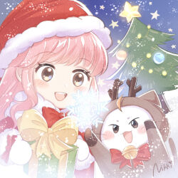 Rule 34 | 1girl, animal costume, bell, blush, brown eyes, cat, character name, christmas, christmas tree, commentary, english commentary, gift, gloves, holding, holding gift, long hair, looking at object, miracle nikki, momo (miracle nikki), night, night sky, nikki (miracle nikki), official art, open mouth, outdoors, pink hair, red ribbon, reindeer costume, ribbon, santa costume, shining nikki, sky, snow, snowflakes, snowing, star (symbol), tree, white cat, white gloves