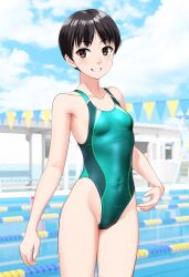 Rule 34 | 1girl, absurdres, aqua one-piece swimsuit, black hair, blurry, blurry background, borrowed character, breasts, brown eyes, commentary request, competition swimsuit, covered navel, cowboy shot, grin, groin, highleg, highleg swimsuit, highres, multicolored clothes, multicolored swimsuit, one-piece swimsuit, original, pool, short hair, small breasts, smile, solo, standing, string of flags, swimsuit, takafumi, variant set