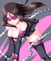 Rule 34 | 1girl, bare shoulders, black dress, black gloves, black hair, black thighhighs, blindfold, blush, breasts, bridal gauntlets, chain, cleavage, closed mouth, commentary, cosplay, dated, dress, elbow gloves, facial mark, facing viewer, fate/stay night, fate (series), forehead mark, girls und panzer, gloves, highres, kuzuryuu kennosuke, large breasts, leaning forward, long hair, medusa (fate), medusa (rider) (fate), medusa (rider) (fate) (cosplay), microdress, nonna (girls und panzer), one-hour drawing challenge, solo, standing, strapless, strapless dress, swept bangs, thighhighs, twitter username, wind