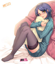 Rule 34 | 10s, 1girl, bad id, bad pixiv id, black hair, black thighhighs, hayami kanade, idolmaster, idolmaster cinderella girls, jjune, lace, lace-trimmed legwear, lace trim, long sleeves, looking at viewer, media player interface, naked sweater, hugging object, parted bangs, pillow, pillow hug, ribbed sweater, short hair, sitting, smile, solo, sweater, thighhighs, tongue, tongue out, turtleneck, yellow eyes, zettai ryouiki