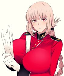 Rule 34 | absurdres, between breasts, blouse, braid, braided ponytail, breasts, fate/grand order, fate (series), florence nightingale (fate), gloves, highres, hz (666v), long hair, pink hair, red eyes, red shirt, shirt, solo