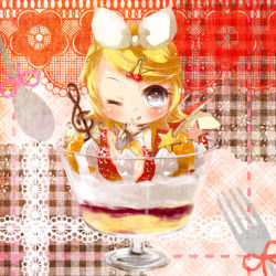 Rule 34 | 1girl, ;q, chibi, cup, food, fork, hair ornament, hairpin, in container, in cup, in food, kagamine rin, mini person, minigirl, one eye closed, parfait, solo, spoon, tongue, tongue out, tottsuan, vocaloid, wink