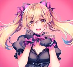 Rule 34 | 1girl, animal ears, bead bracelet, beads, black cat d.va, black dress, black gloves, blonde hair, bow, bowtie, bracelet, breasts, brown eyes, cat ears, cleavage, corset, d.va (overwatch), dress, earrings, eyes visible through hair, facepaint, facial mark, frilled dress, frills, glint, gloves, gradient background, heart, heart earrings, jewelry, lolita fashion, long hair, looking at viewer, medium breasts, official alternate costume, open mouth, overwatch, overwatch 1, pink background, pink bow, puffy short sleeves, puffy sleeves, sasucchi95, short sleeves, smile, solo, twintails, upper body, whisker markings