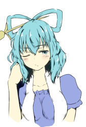 Rule 34 | 1girl, :/, blue dress, blue eyes, blue hair, blush, bored, breasts, closed mouth, collarbone, cropped torso, dress, frills, hair between eyes, hair ornament, hair rings, hair stick, half-closed eye, hand in own hair, hand up, kaku seiga, kamunika, long hair, looking to the side, medium breasts, one eye closed, open clothes, open vest, puffy short sleeves, puffy sleeves, short sleeves, simple background, solo, touhou, upper body, vest, white background, white vest