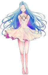 Rule 34 | 10s, 1girl, ayubee, bare shoulders, barefoot, blue hair, collar, collarbone, dress, closed eyes, feet, full body, granblue fantasy, interlocked fingers, long hair, lyria (granblue fantasy), own hands clasped, own hands together, simple background, smile, solo, strapless, strapless dress, white background, white dress