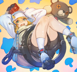 Rule 34 | 1boy, androgyne symbol, bike shorts, blonde hair, blue jacket, bridget (guilty gear), commentary request, gradient background, green eyes, guilty gear, guilty gear strive, hair between eyes, highres, jacket, kajichan, legs, long sleeves, looking at viewer, male focus, nun, open mouth, pink background, smile, socks, solo, stuffed animal, stuffed toy, teddy bear, trap, white sleeves, yellow background