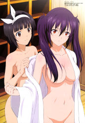 Rule 34 | 2girls, absurdres, black hair, breasts, brown eyes, cleavage, convenient censoring, groin, hair censor, hair over breasts, hair over one breast, hairband, highres, isuca, large breasts, medium breasts, megami magazine, multiple girls, navel, non-web source, official art, out-of-frame censoring, purple hair, red eyes, robe, shimazu suseri, short hair, smile, souma matsuri, takahara shuuji, twintails, undressing