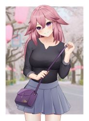 Rule 34 | 1girl, alternate costume, animal ears, bag, black shirt, blue skirt, blurry, blurry background, border, breasts, buttons, casual, cherry blossoms, city, collarbone, commentary, contemporary, cowboy shot, day, english commentary, floppy ears, fox ears, genshin impact, hair between eyes, handbag, head tilt, hedge, highres, lantern, light smile, long hair, long sleeves, looking at viewer, medium breasts, miniskirt, no earrings, outdoors, paper lantern, parted lips, pink hair, pleated skirt, purple eyes, purple pupils, road, shirt, shoulder strap, sign, skirt, sleeves rolled up, solo, street, taut clothes, taut shirt, tree, white border, xsan vanny, yae miko