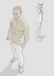 Rule 34 | 1boy, 1girl, abs, barefoot, blonde hair, brown hair, buzz cut, embarrassed, hospital gown, jake muller, muscular, aged up, panties, peco (pockleberry), resident evil, resident evil 2, resident evil 6, sherry birkin, topless male, short hair, underwear, very short hair