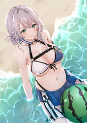 Rule 34 | 1girl, adapted costume, alternate costume, armpit peek, bare shoulders, beach, bikini, bikini skirt, blue bikini, blue skirt, blush, breasts, cleavage, closed mouth, collarbone, commentary request, day, eyelashes, food, from above, front-tie bikini top, front-tie top, fruit, green eyes, halterneck, highres, hololive, large breasts, lips, mole, mole on breast, navel, outdoors, pleated skirt, rikotan, shirogane noel, shirogane noel (summer 2020), short hair, silver hair, sitting, skirt, smile, solo, stomach, swimsuit, thigh strap, virtual youtuber, water, watermelon