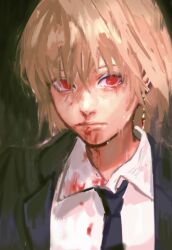 Rule 34 | 1boy, 637 00e seran, black background, black jacket, black necktie, blonde hair, blood, blood on clothes, blood on face, closed mouth, collared shirt, earrings, formal, hunter x hunter, jacket, jewelry, kurapika, looking at viewer, male focus, necktie, red eyes, shirt, short hair, solo, suit, upper body, white shirt