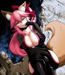 Rule 34 | 1girl, animal ears, arm under breasts, boots, bow, breast hold, breasts, center opening, choker, cleavage, collarbone, colorized, crossed legs, fangs, fate/grand order, fate (series), fox ears, fox tail, glasses, hair bow, highres, kanno takanori, koyanskaya (fate), large breasts, long hair, looking at viewer, monochrome, open mouth, over-rim eyewear, rubble, satansoft1, self-upload, semi-rimless eyewear, shaded face, sitting, solo, tail, tamamo (fate), unzipped