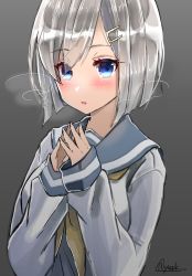 Rule 34 | 10s, 1girl, absurdres, bad id, bad pixiv id, blouse, blue eyes, blush, eyebrows, eyes visible through hair, grey background, hair ornament, hair over one eye, hairclip, hamakaze (kancolle), highres, kantai collection, long sleeves, looking at viewer, own hands together, school uniform, serafuku, shirt, short hair, signature, silver hair, solo, twitter username, upper body, white shirt, yuu zaki