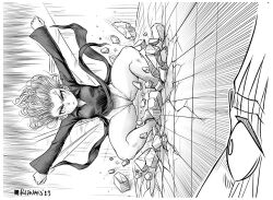 Rule 34 | 1boy, 1girl, anger vein, artist name, closed mouth, debris, destruction, dress, frontal wedgie, greyscale, highleg, highleg panties, king (one-punch man), meganerid, mixed-language commentary, monochrome, one-punch man, outstretched arms, panties, scar, scar on face, scene reference, short hair, tatsumaki, underwear, wedgie, wide-eyed
