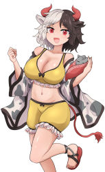 Rule 34 | 1girl, :d, animal ears, animal print, bare shoulders, black hair, bra, breasts, chups, cleavage, collarbone, cow ears, cow girl, cow horns, cow print, cow tail, cowboy shot, frills, full body, haori, highres, holding, horns, japanese clothes, large breasts, midriff, multicolored hair, navel, off shoulder, open mouth, red eyes, red footwear, red horns, sandals, short hair, shorts, simple background, smile, sports bra, standing, standing on one leg, statue, tail, touhou, two-tone hair, underwear, ushizaki urumi, white background, wide sleeves, yellow bra, yellow shorts