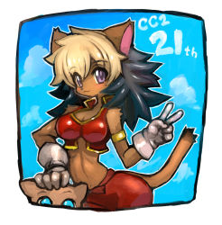 Rule 34 | 1girl, :3, alicia priss, animal ears, armlet, bare arms, bare shoulders, black hair, blonde hair, blush, border, breasts, cat ears, cat girl, cat tail, cleavage, closed mouth, cloud, dakusuta, dark skin, dyed bangs, framed, furry, furry female, gloves, hand on another&#039;s head, highres, little tail bronx, long hair, looking at viewer, midriff, multicolored hair, navel, sky, smile, solo focus, tail, tail concerto, two-tone hair, v