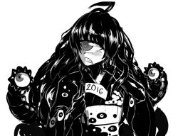 Rule 34 | 1girl, 2016, ahoge, alternate costume, blush, clenched teeth, commentary, cyclops, cyzir visheen, extra eyes, gazer (monster girl encyclopedia), greyscale, japanese clothes, kimono, long hair, long sleeves, monochrome, monster girl, monster girl encyclopedia, obi, one-eyed, sash, sharp teeth, simple background, slit pupils, solo, teeth, tentacles, very long hair, white background, wide sleeves