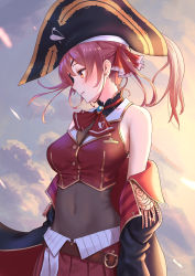 Rule 34 | 1girl, bare shoulders, black coat, black hat, blouse, bodysuit, breasts, brooch, cleavage, coat, covered navel, crop top, eyepatch, gold trim, hair ribbon, hat, highres, hololive, houshou marine, jewelry, large breasts, leotard, leotard under clothes, long hair, looking away, off shoulder, open clothes, open coat, pirate, pirate hat, pleated skirt, profile, red eyes, red hair, red neckwear, red shirt, red skirt, ribbon, roke (taikodon), see-through, see-through cleavage, see-through leotard, shirt, skirt, sleeveless, sleeveless shirt, solo, twintails, upper body, virtual youtuber, wing collar
