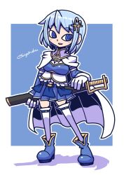 Rule 34 | 1girl, armor, belt, blue background, blue belt, blue eyes, blue footwear, blue hair, blue skirt, border, breastplate, cape, elbow gloves, fortissimo, full body, gloves, hair ornament, highres, holding, holding sword, holding weapon, looking at viewer, mahou shoujo madoka magica, mahou shoujo madoka magica (anime), miki sayaka, musical note, musical note hair ornament, saigokudou, shadow, shoes, short hair, signature, simple background, skirt, solo, standing, sword, thighhighs, weapon, white border, white cape, white gloves, white thighhighs, zettai ryouiki