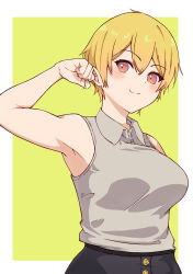 Rule 34 | 1girl, black skirt, blonde hair, blue period, blush, breasts, hand up, highres, large breasts, looking at viewer, miki kinemi, orange eyes, shirt, short hair, skirt, sleeveless, sleeveless shirt, smile, solo, standing, tsuperie, yellow background