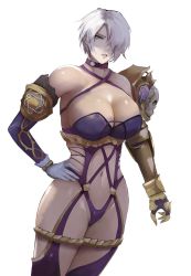 Rule 34 | 1girl, absurdres, breasts, cowboy shot, gloves, hair over one eye, highres, isabella valentine, large breasts, namco, purple eyes, revealing clothes, short hair, skull, solo, soul calibur, white hair