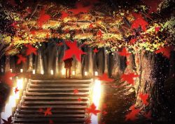 Rule 34 | autumn leaves, bad id, bad pixiv id, black coat, blurry, coat, commentary request, depth of field, falling leaves, forest, lantern, leaf, light, light particles, maple leaf, maple tree, motion blur, nature, original, scenery, solo, stairs, standing, tree, zennmai siki